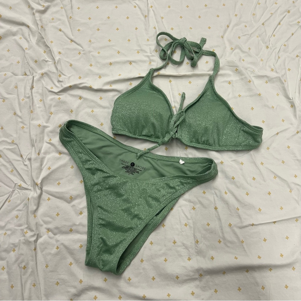 Shade & Shore Green Glitter Halter Bikini Set